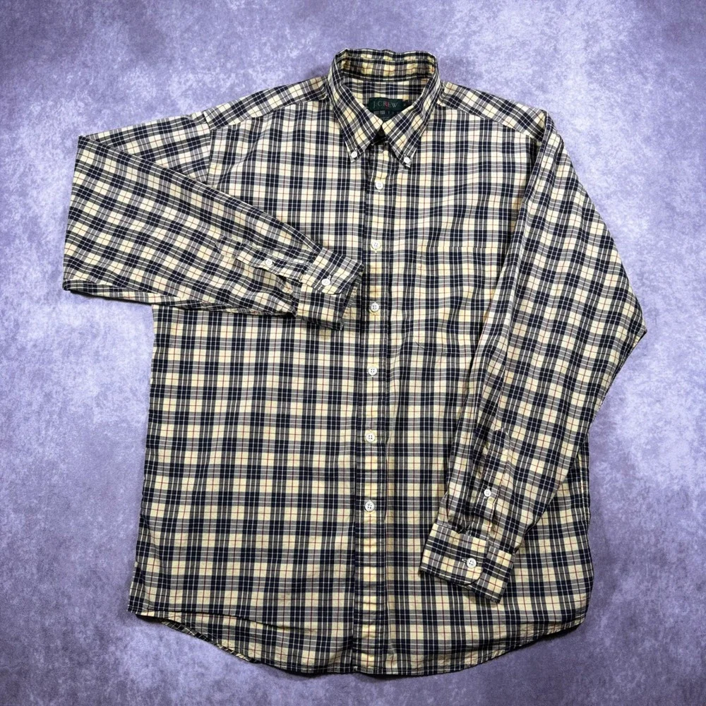 J. Crew Mens Plaid Button Down Shirt Medium Yellow Navy Blue Cotton Long Sleeve